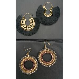 Lot Of 2 Pairs Of Nice Boho Fringe And Multi Tone Dangle Round Metal Earrings